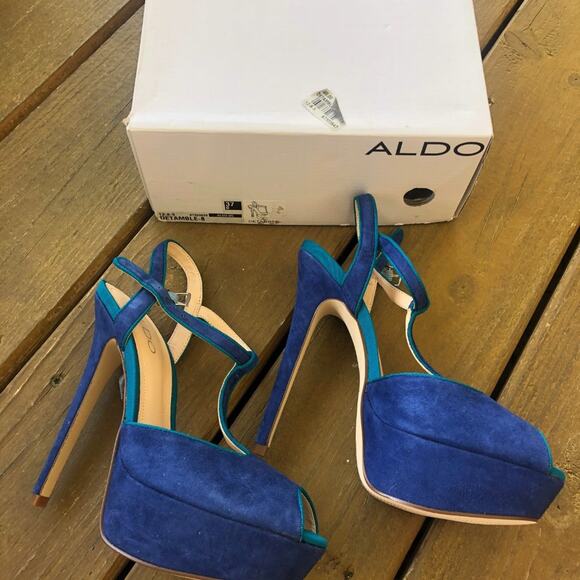 NWT ALDO Detamble Two Tone Blue Trim T-Strap Wrapped Platform Peep Toe Heels - Picture 2 of 6